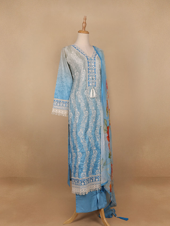 Sky Blue Floral Designed Cotton Salwar Suit - Diadem