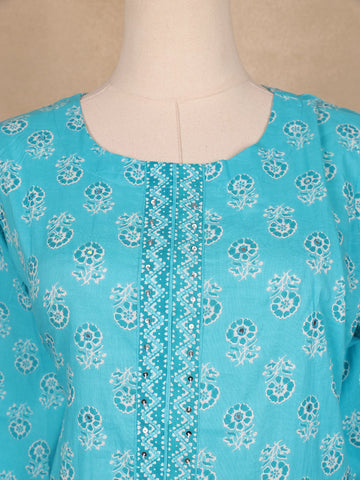 Sky Blue Floral Designed Cotton Salwar Suit - Diadem