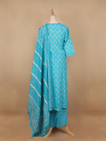 Sky Blue Floral Designed Cotton Salwar Suit - Diadem