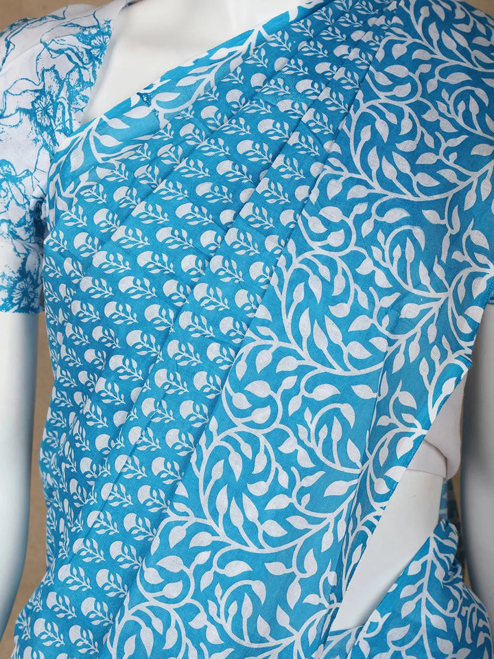 Sky Blue Floral Designed Cotton Saree - Diadem