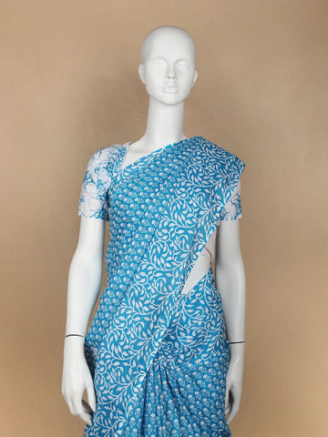 Sky Blue Floral Designed Cotton Saree - Diadem