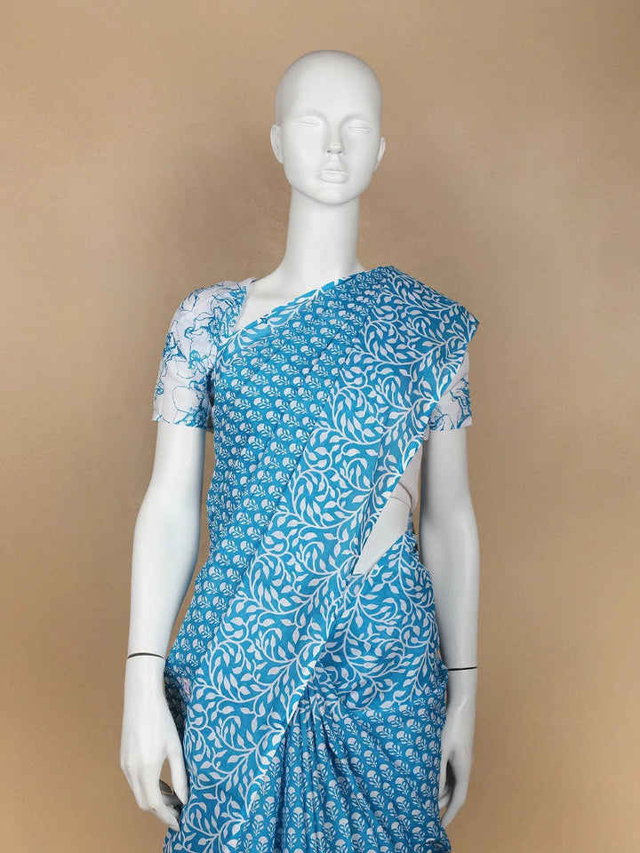 Sky Blue Floral Designed Cotton Saree - Diadem