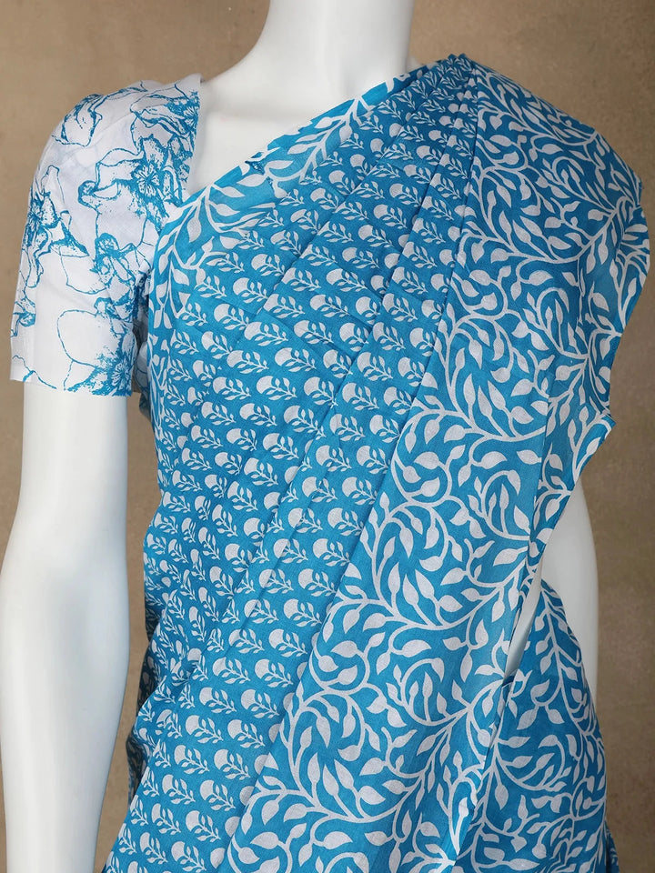 Sky Blue Floral Designed Cotton Saree - Diadem
