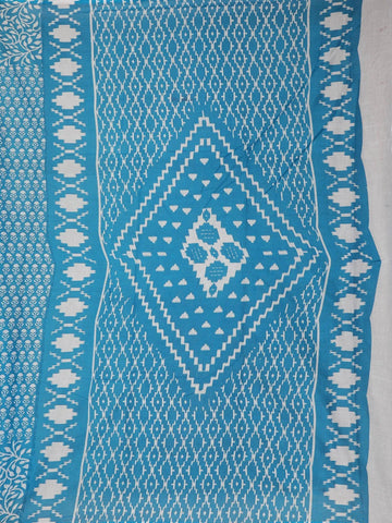 Sky Blue Floral Designed Cotton Saree - Diadem