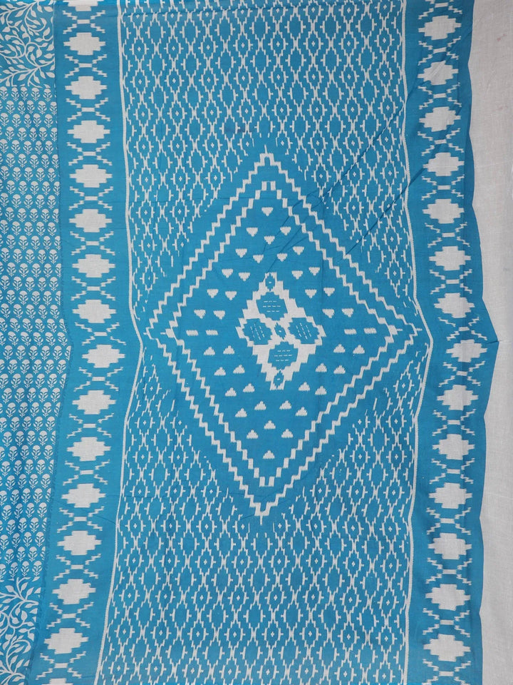 Sky Blue Floral Designed Cotton Saree - Diadem