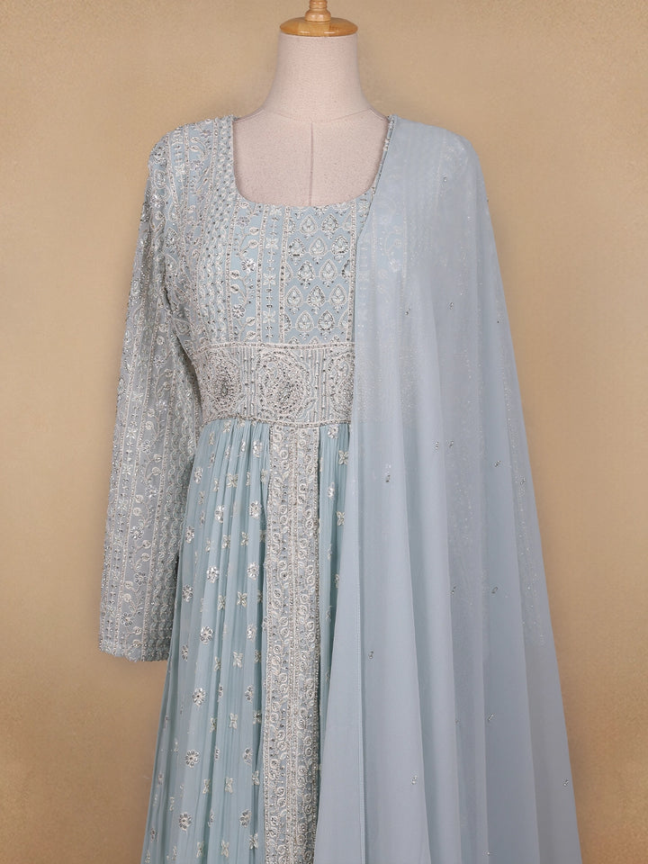Sky Blue Floral Designed Georgette Gown - Diadem
