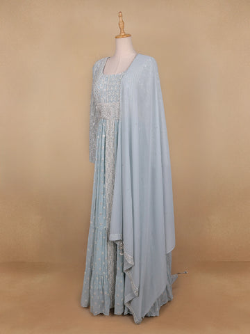 Sky Blue Floral Designed Georgette Gown - Diadem