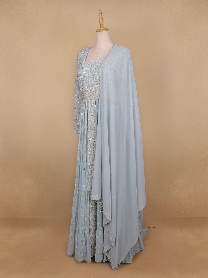 Sky Blue Floral Designed Georgette Gown - Diadem