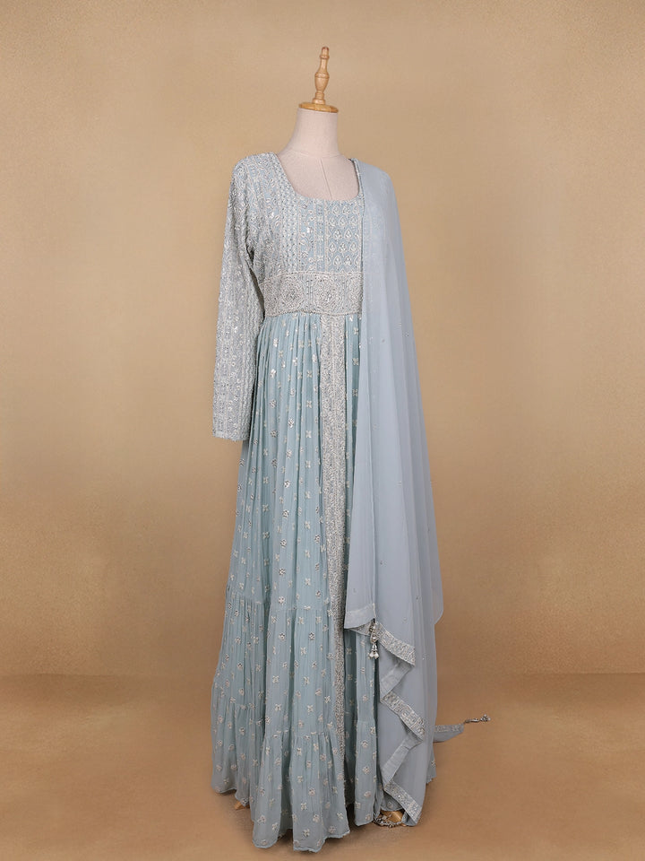 Sky Blue Floral Designed Georgette Gown - Diadem