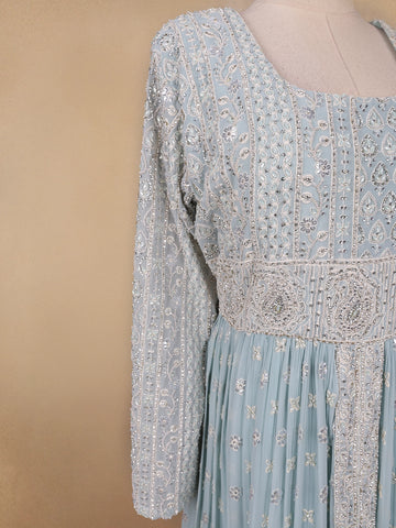 Sky Blue Floral Designed Georgette Gown - Diadem