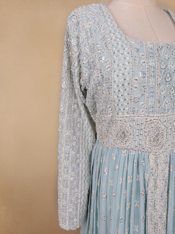 Sky Blue Floral Designed Georgette Gown - Diadem