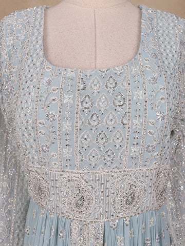 Sky Blue Floral Designed Georgette Gown - Diadem