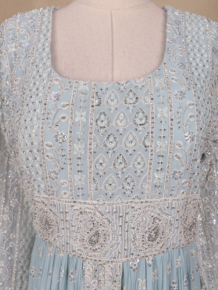 Sky Blue Floral Designed Georgette Gown - Diadem