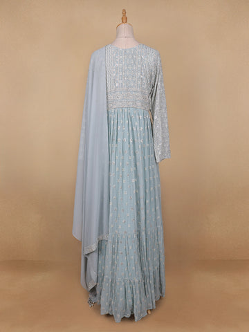 Sky Blue Floral Designed Georgette Gown - Diadem