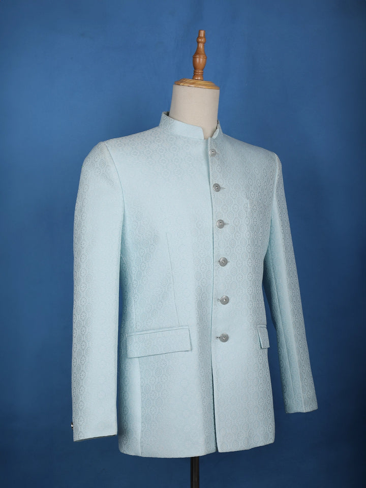 Sky Blue Floral Designed Jodhpuri Men's Suit - Diadem