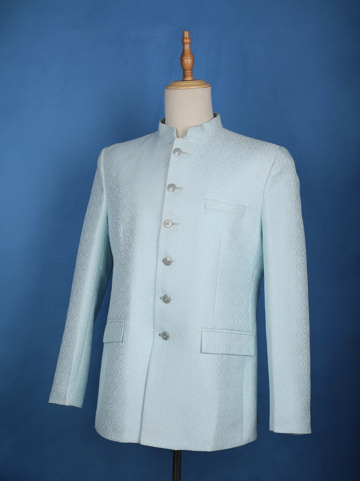 Sky Blue Floral Designed Jodhpuri Men's Suit - Diadem