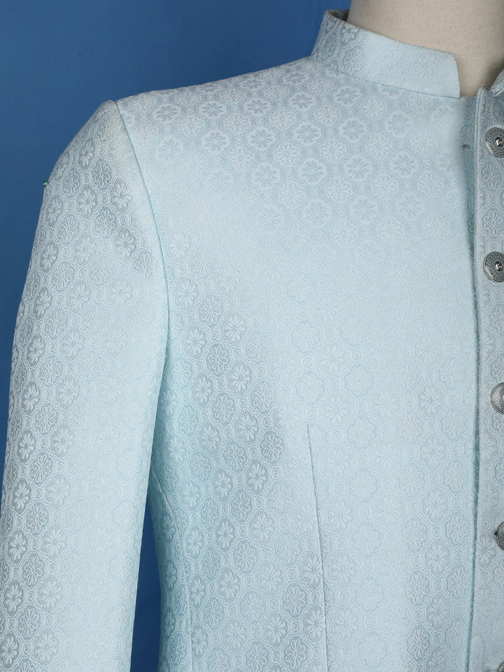 Sky Blue Floral Designed Jodhpuri Men's Suit - Diadem