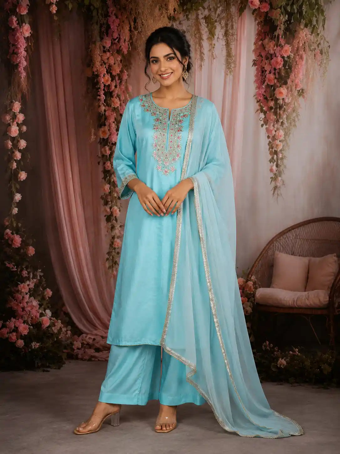 Sky Blue Floral Embroidered Cotton Salwar Suit with Dupatta