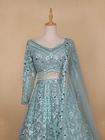 Sky Blue Floral Embroidered Net Lehenga for Brides - Diadem