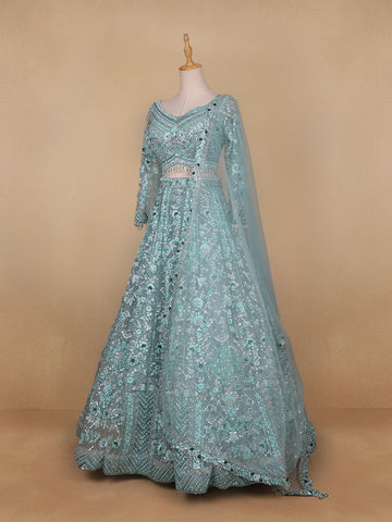 Sky Blue Floral Embroidered Net Lehenga for Brides - Diadem