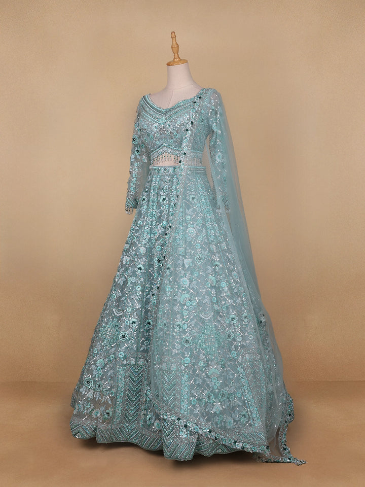 Sky Blue Floral Embroidered Net Lehenga for Brides - Diadem
