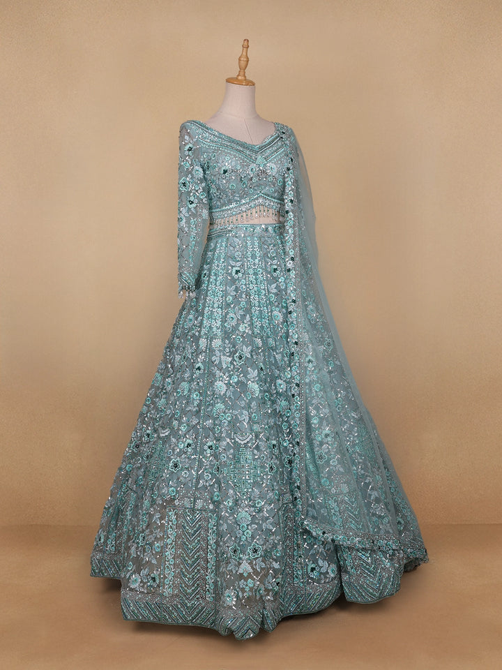 Sky Blue Floral Embroidered Net Lehenga for Brides - Diadem