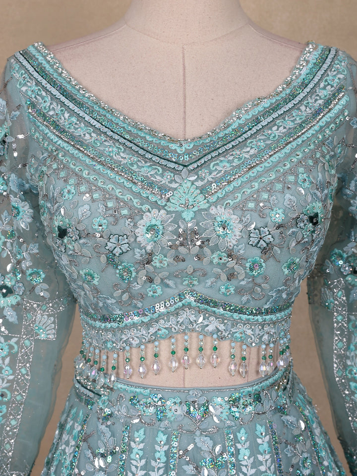 Sky Blue Floral Embroidered Net Lehenga for Brides - Diadem