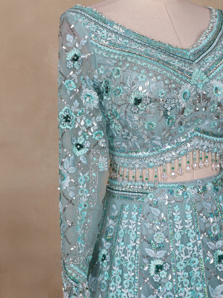 Sky Blue Floral Embroidered Net Lehenga for Brides - Diadem