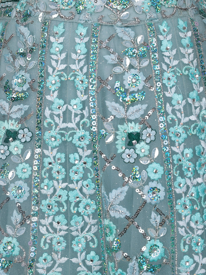 Sky Blue Floral Embroidered Net Lehenga for Brides - Diadem