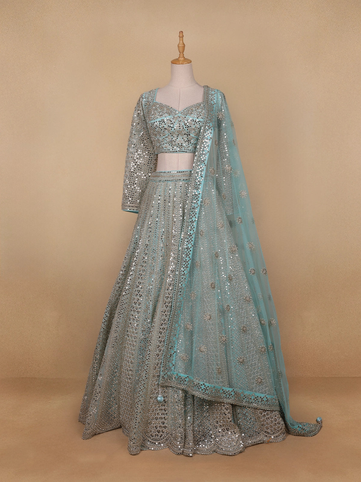 Sky Blue Floral Embroidered Net Lehenga for Brides - Diadem