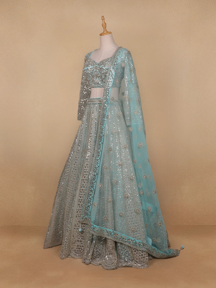 Sky Blue Floral Embroidered Net Lehenga for Brides - Diadem
