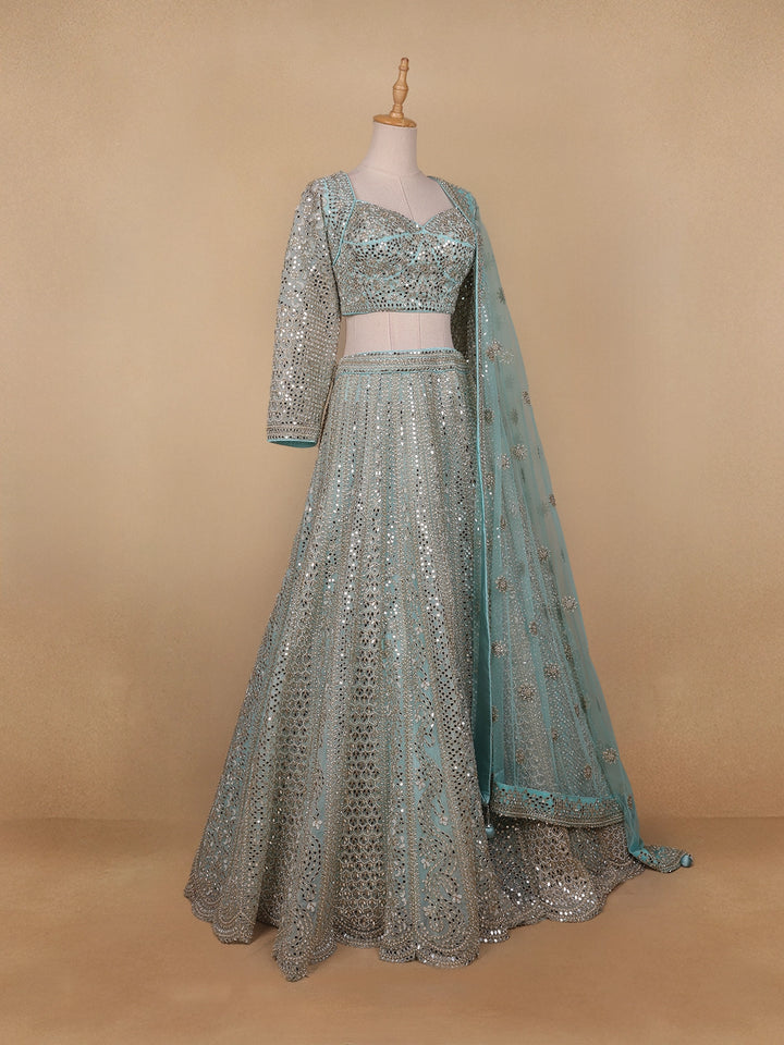 Sky Blue Floral Embroidered Net Lehenga for Brides - Diadem