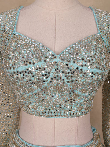 Sky Blue Floral Embroidered Net Lehenga for Brides - Diadem