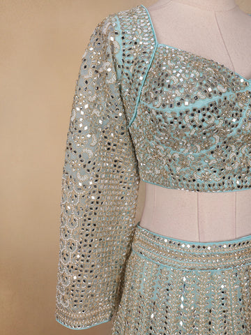 Sky Blue Floral Embroidered Net Lehenga for Brides - Diadem