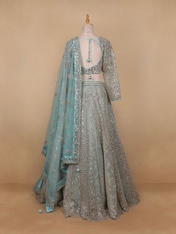 Sky Blue Floral Embroidered Net Lehenga for Brides - Diadem