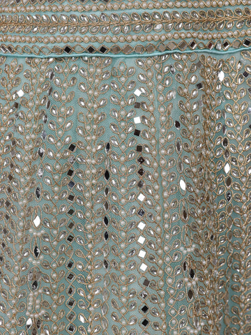 Sky Blue Floral Embroidered Net Lehenga for Brides - Diadem