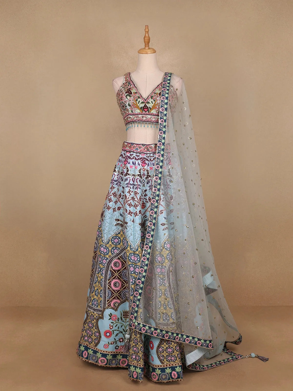 Sky Blue Floral Embroidery Semi Silk Bridesmaid Lehenga