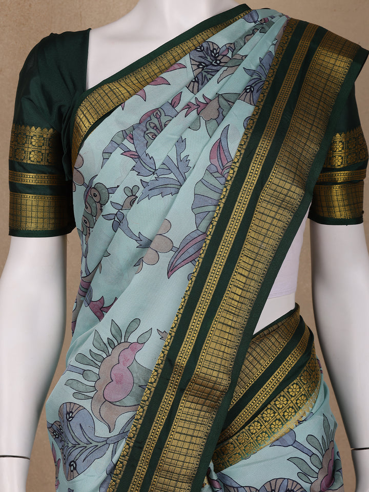 Sky Blue Floral Printed Chiffon Saree - Diadem