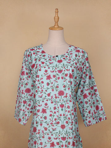 Sky Blue Floral Printed Cotton Kurti - Diadem