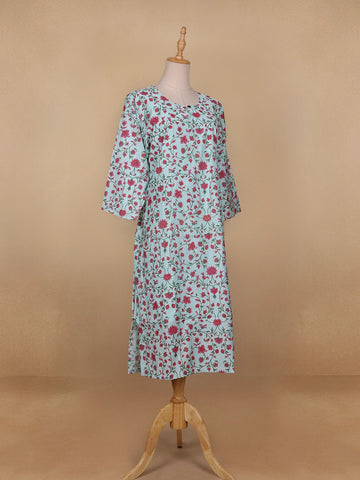 Sky Blue Floral Printed Cotton Kurti - Diadem