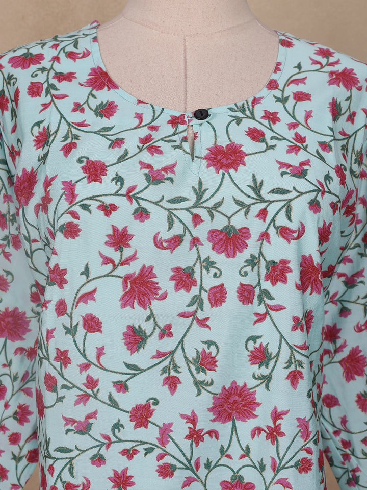 Sky Blue Floral Printed Cotton Kurti - Diadem