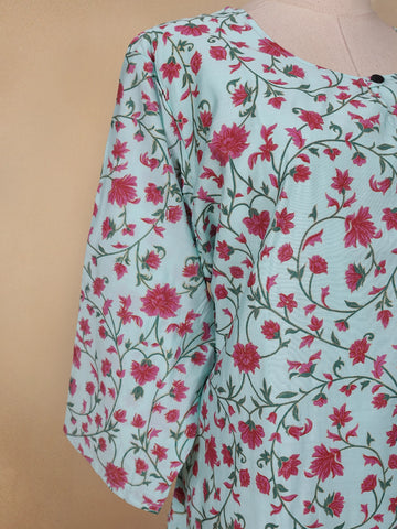 Sky Blue Floral Printed Cotton Kurti - Diadem