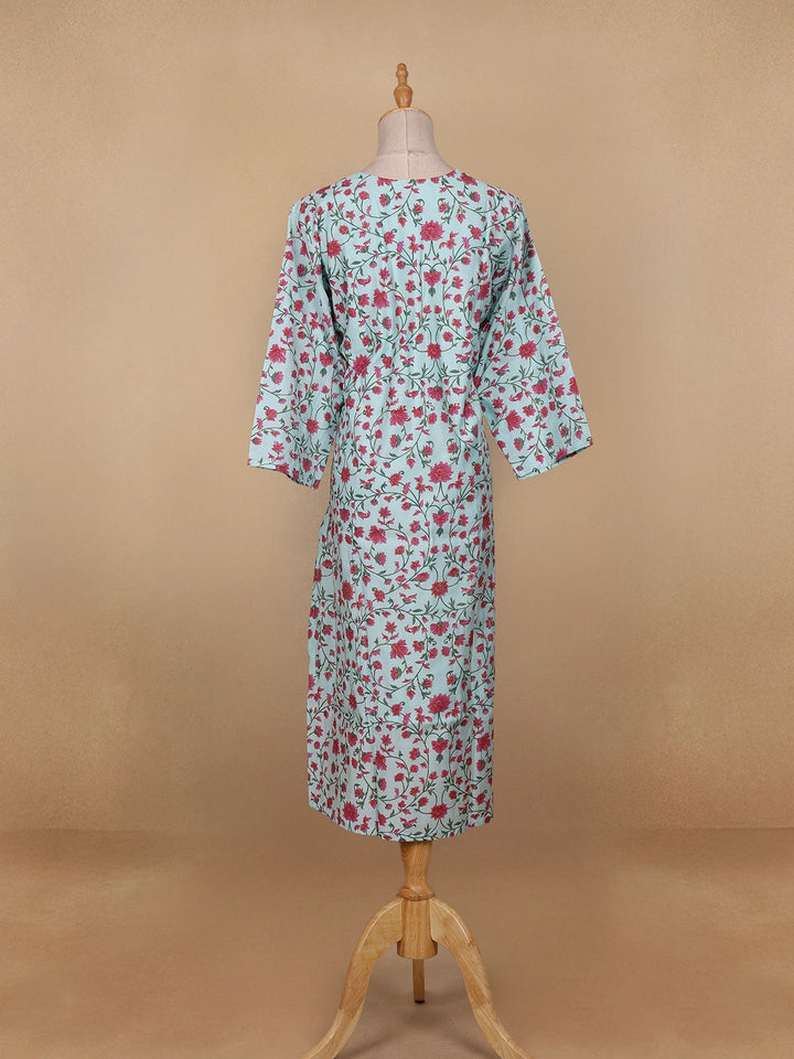 Sky Blue Floral Printed Cotton Kurti - Diadem