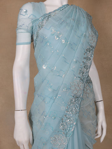 Sky Blue Floral Sequin Embroidered Organza Designer Saree - Diadem