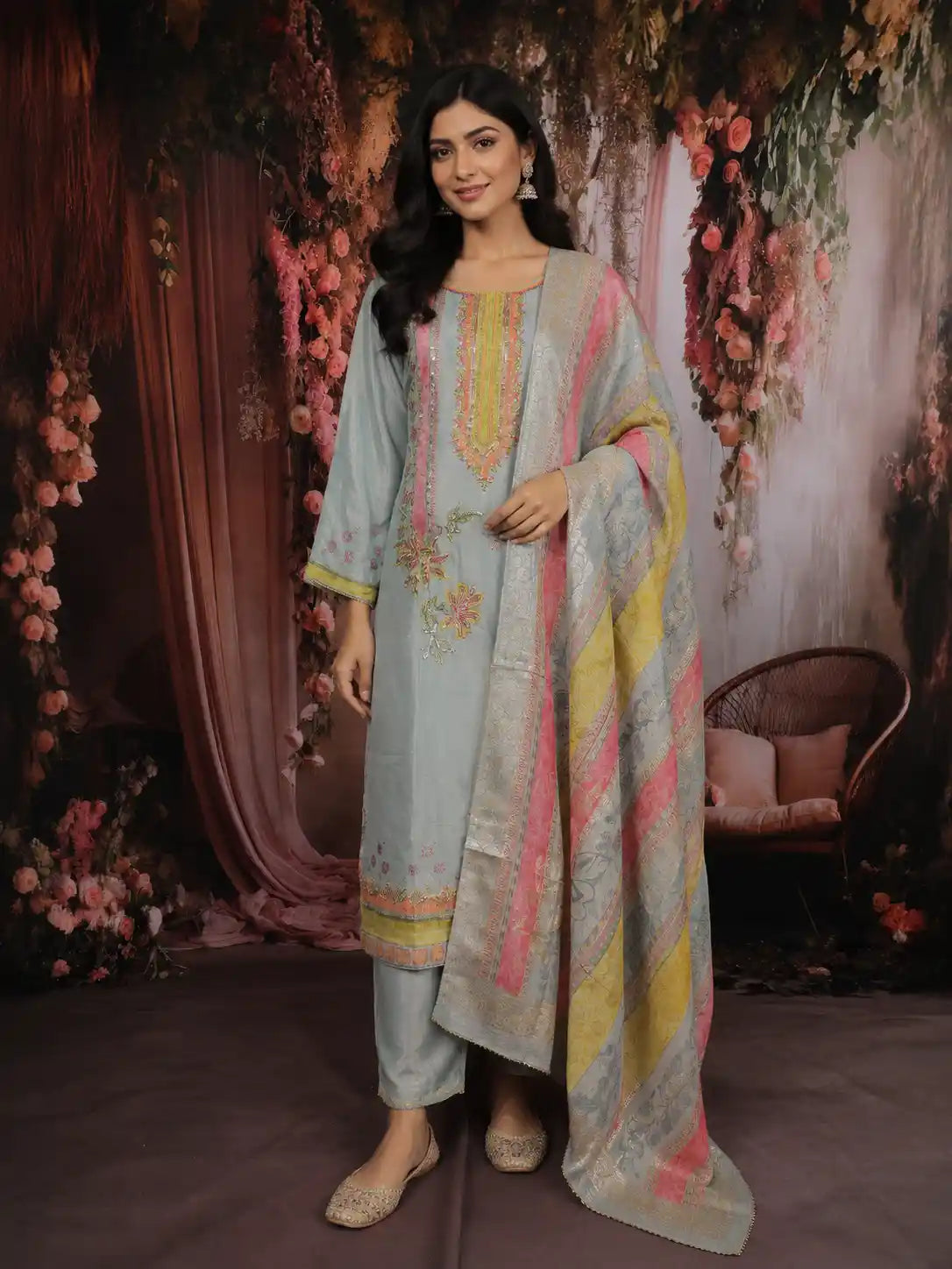 Sky Blue Floral Sequins Embroidery Tissue Silk Salwar Suit