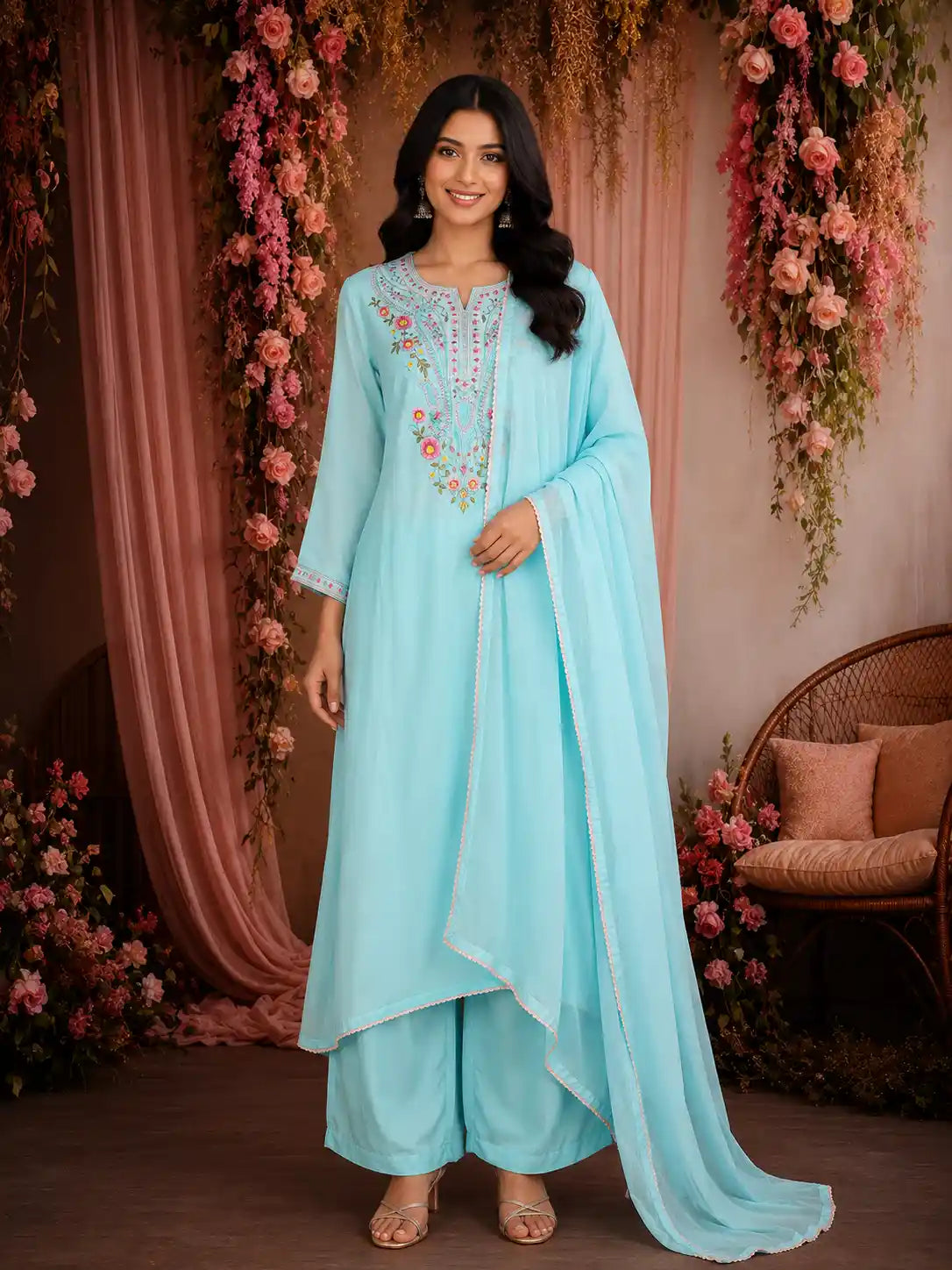 Sky Blue Floral Thread Embroidered Cotton Salwar Suit with Dupatta