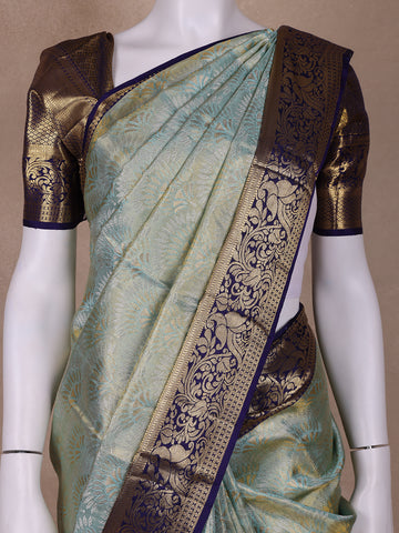 Sky Blue Floral Woven Pure Kanchipuram Silk Saree - Diadem
