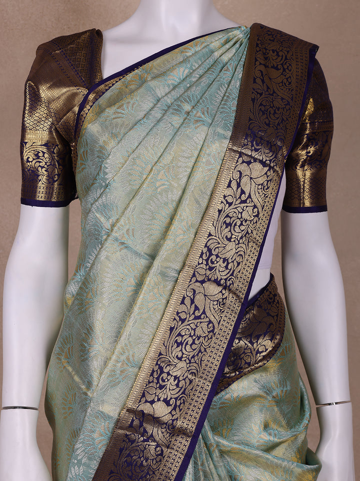 Sky Blue Floral Woven Pure Kanchipuram Silk Saree - Diadem