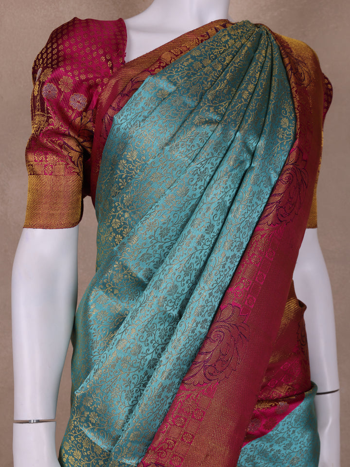 Sky Blue Floral Woven Pure Kanchipuram Silk Saree - Diadem