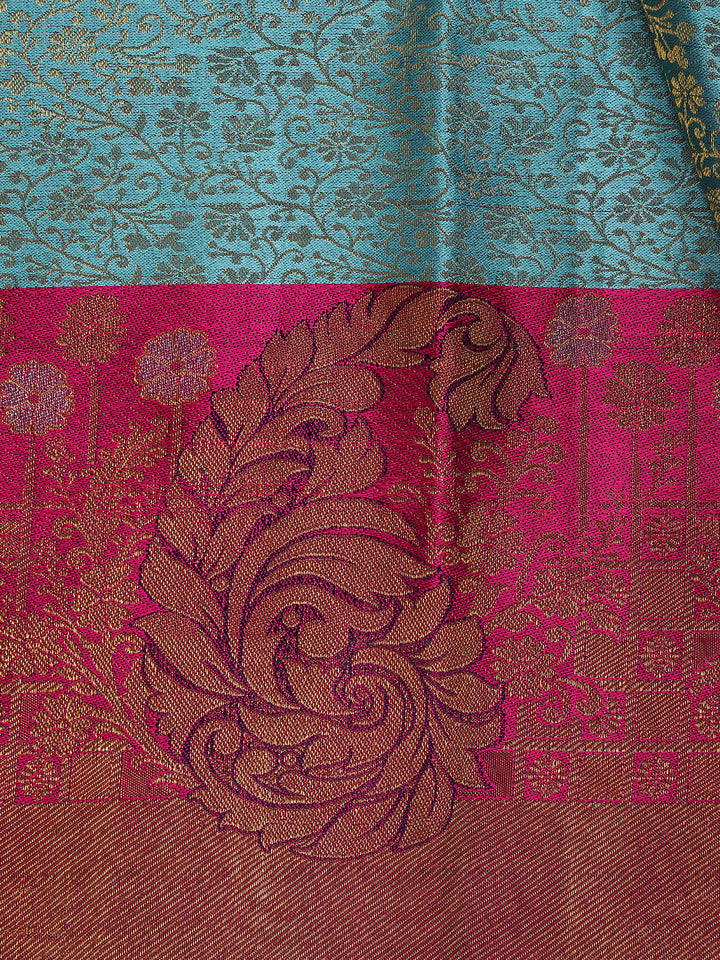 Sky Blue Floral Woven Pure Kanchipuram Silk Saree - Diadem